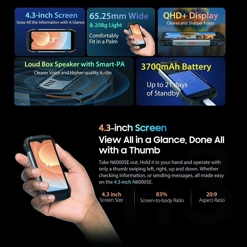 BLACKVIEW N6000SE 4G Smartphone robusto 4,3 polegadas Mini telefone 4 GB + 128 GB à prova d'água