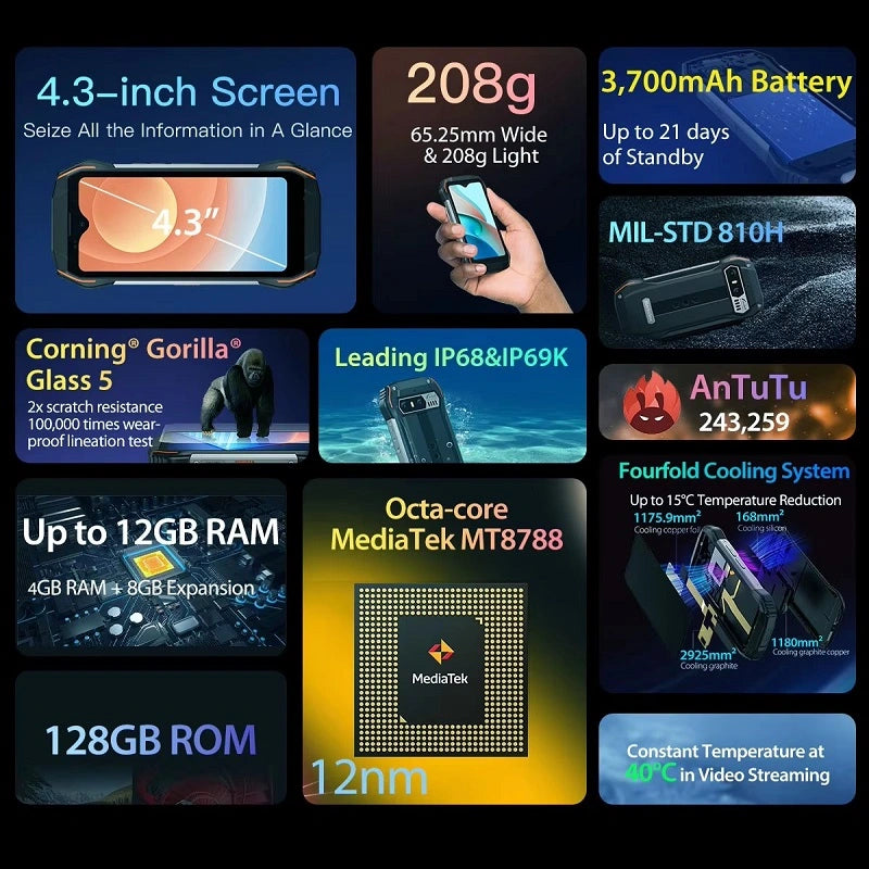 BLACKVIEW N6000SE 4G Smartphone robusto 4,3 polegadas Mini telefone 4 GB + 128 GB à prova d'água