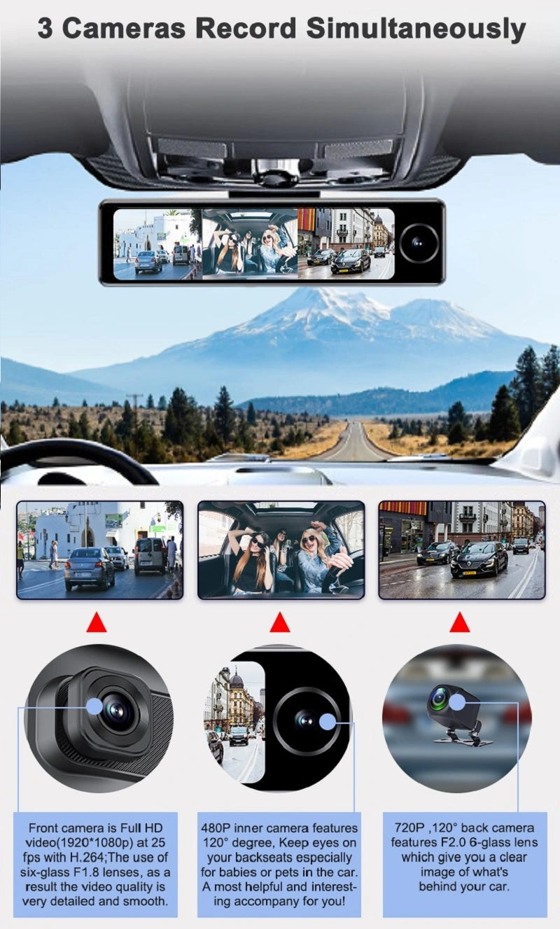 FOXDAK E09 3Chs 1080P 10.8" 4G Автомобильное зеркало заднего вида с камерой GPS