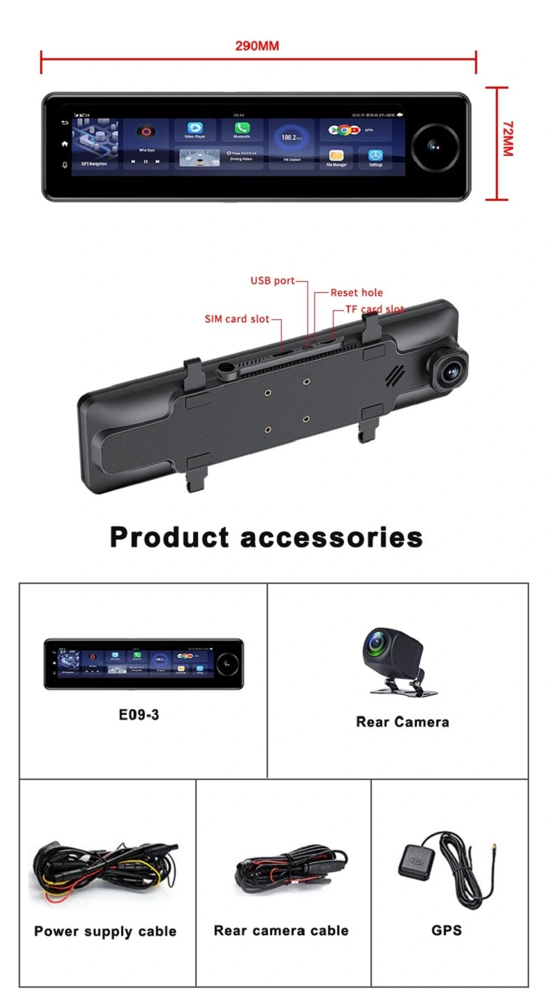 FOXDAK E09 3Chs 1080P 10.8" 4G Автомобильное зеркало заднего вида с камерой GPS