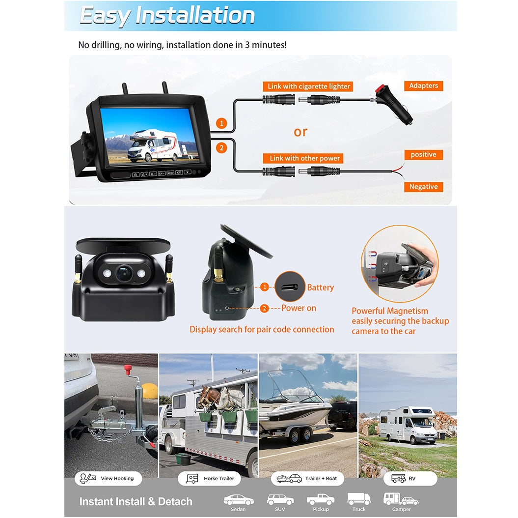 FOXDAK FD04 Magnetic Wireless Solar Backup Camera With 7" Screen for trucks