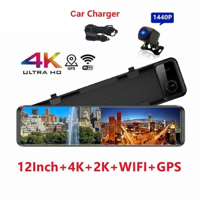 FOXDAK M210 12" Передняя 4K Задняя 2K Автомобильное зеркало заднего вида Камера GPS Wifi