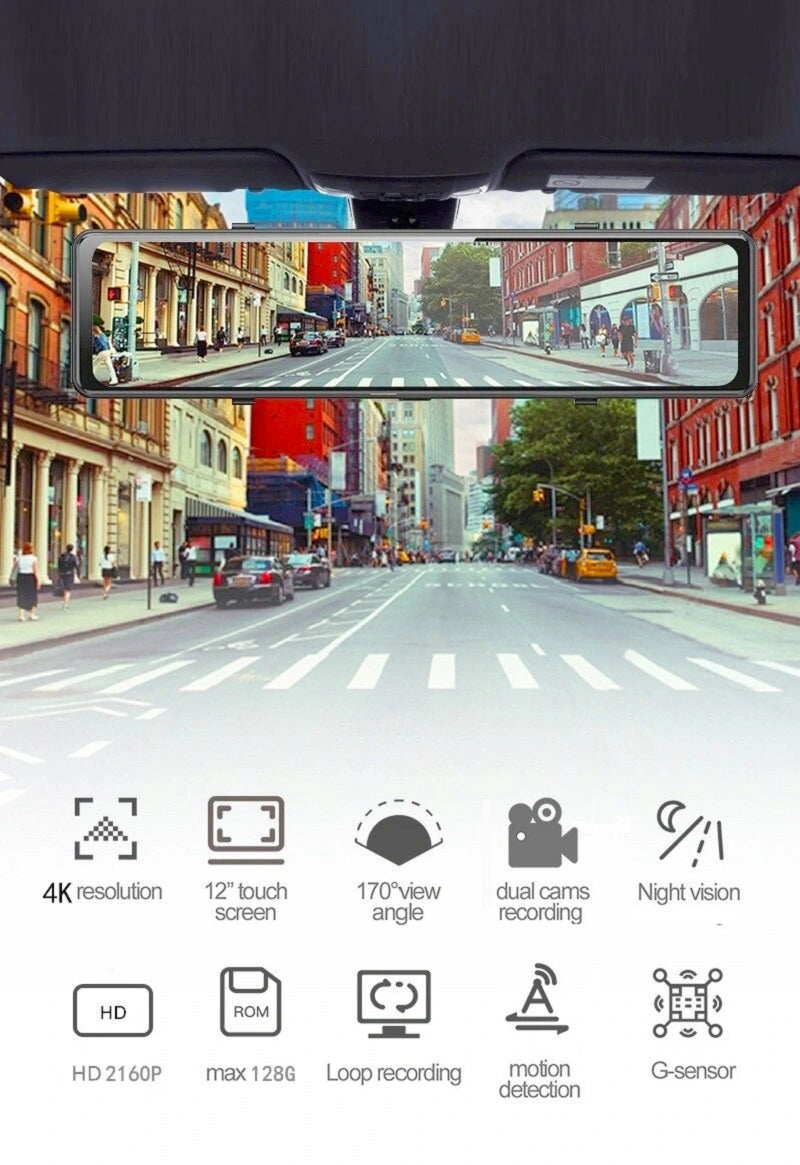 FOXDAK M210 12" Передняя 4K Задняя 2K Автомобильное зеркало заднего вида Камера GPS Wifi