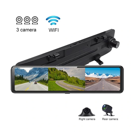Cámara para espejo retrovisor de coche FOXDAK S23 de 12" con 3 canales, 2,5 K+1080P+1080P