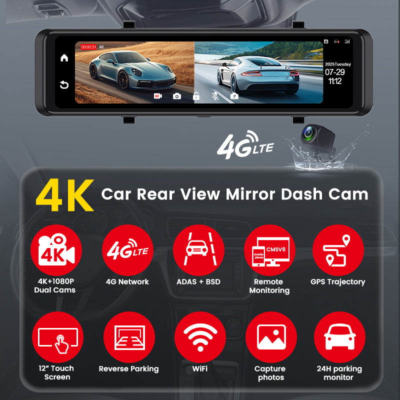 FOXDAK V7 11.26" 4k+1K(2196P+1080P) 4G Mirror Rearview Camera Wifi GPS ADAS BSD