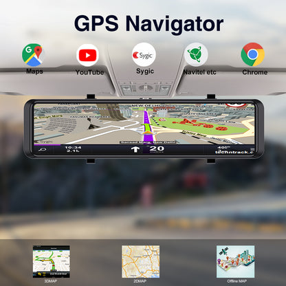 FOXDAK V8 64G ROM 12" 1080P 4G Rear View Mirror Cam GPS FM