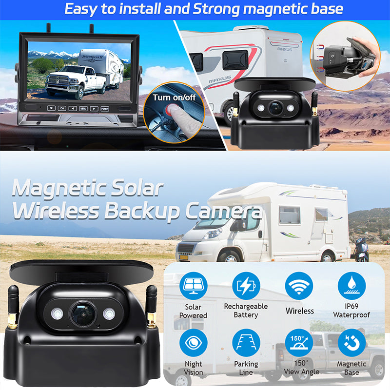 FOXDAK FD04 Magnetic Wireless Solar Backup Camera With 7" Screen for trucks