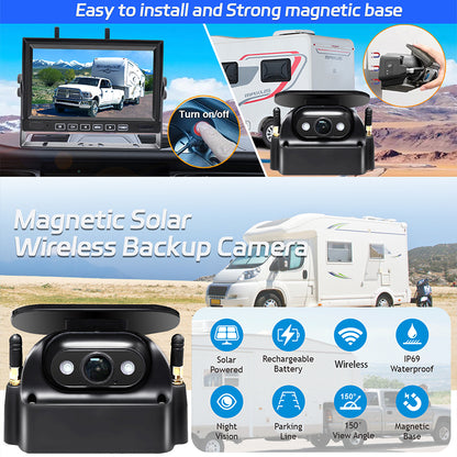 FOXDAK FD04 Magnetic Wireless Solar Backup Camera With 7" Screen for trucks