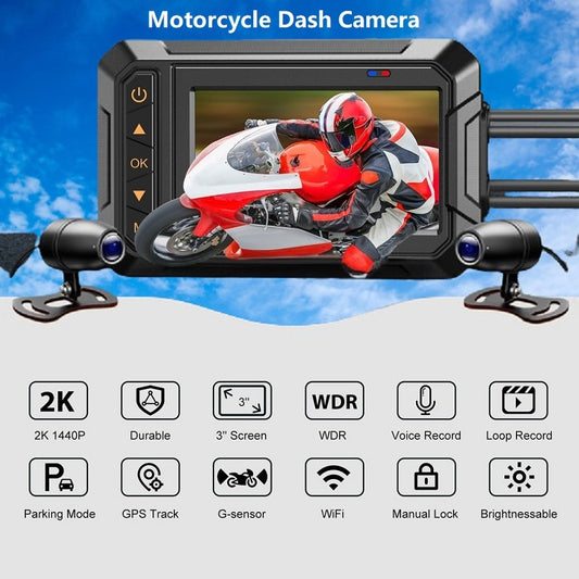 FOXDAK MT65 3" Dual 2K 1440P Motorcycle Camera Dash Cam Waterproof