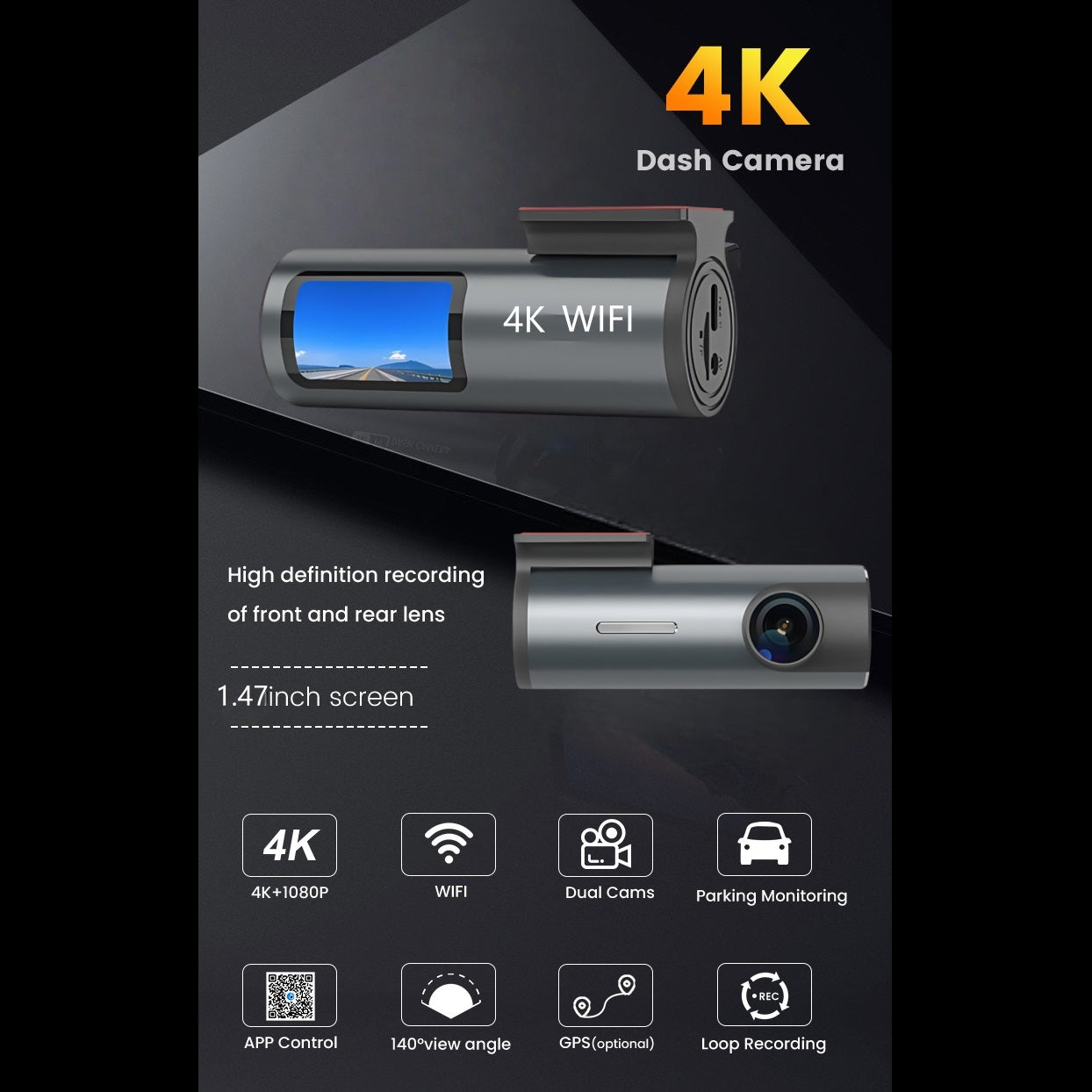 1.47Inch 4K+1080P Mini Dash Cam with Wifi GPS FHD Night Vision