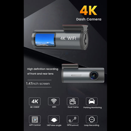 1.47Inch 4K+1080P Mini Dash Cam with Wifi GPS FHD Night Vision