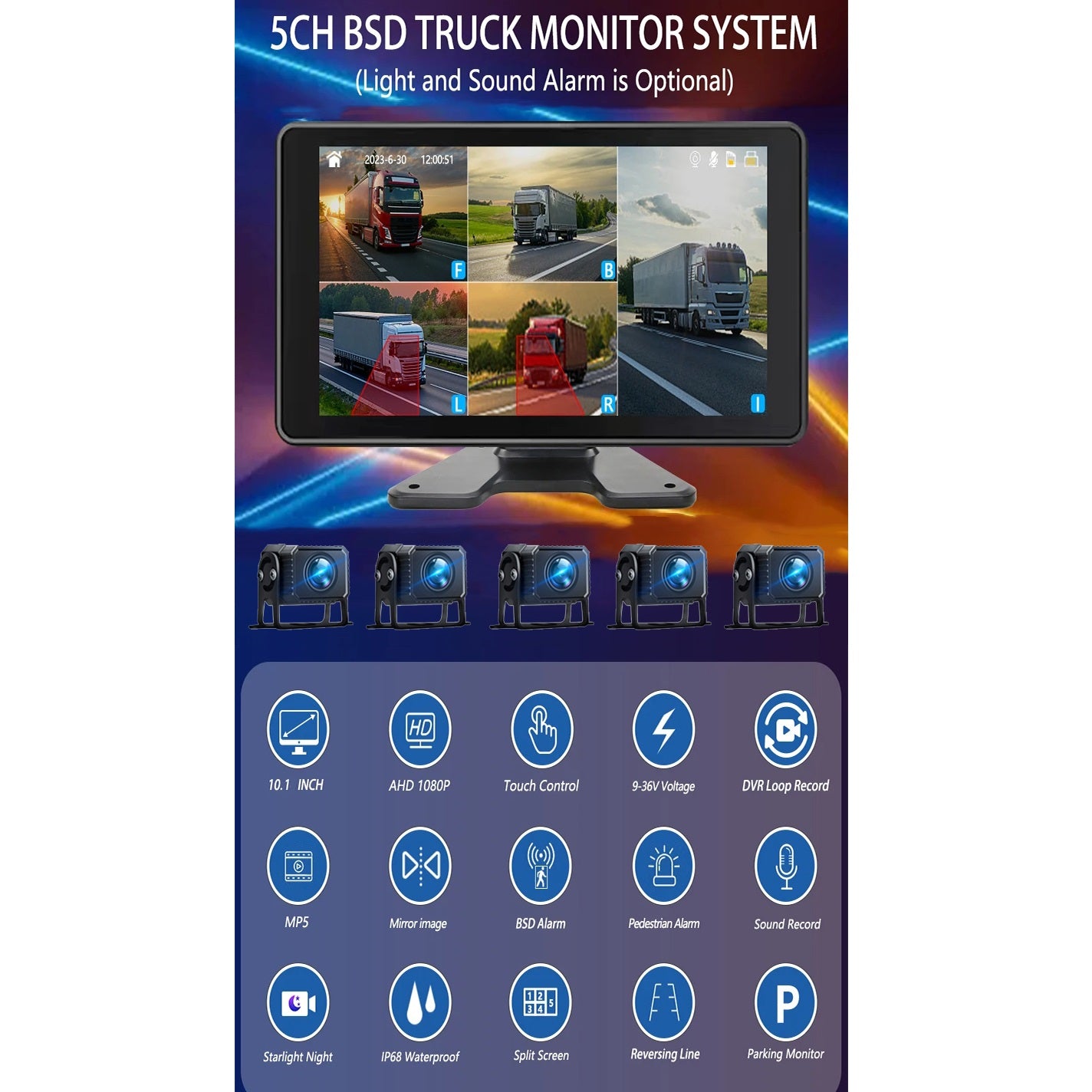 FOXDAK T105-BSD 10.1" AHD 5 Chs Video Truck Rear View Camera with Alarm