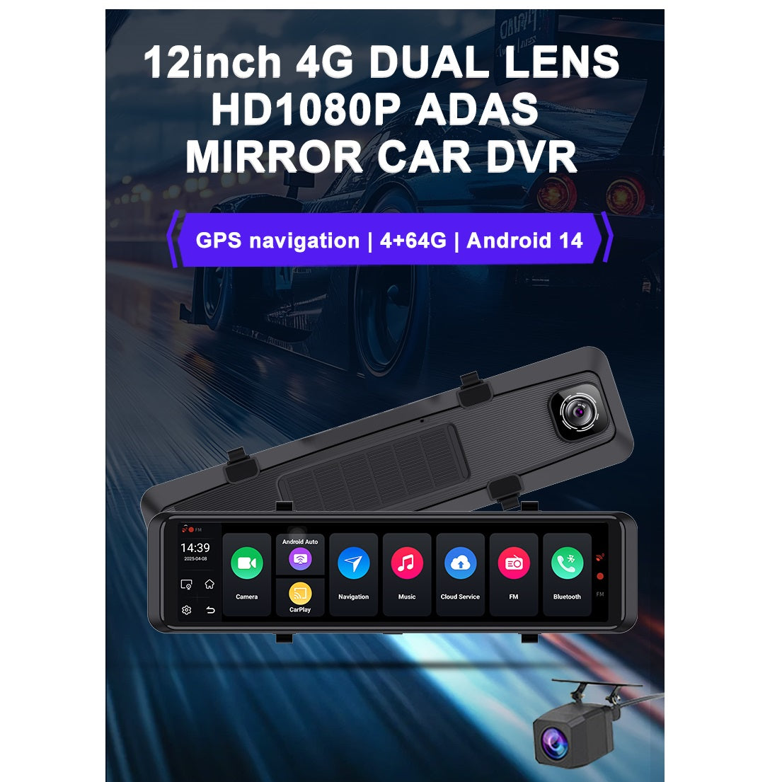 FOXDAK V8 64G ROM 12" 1080P 4G Rear View Mirror Cam GPS FM