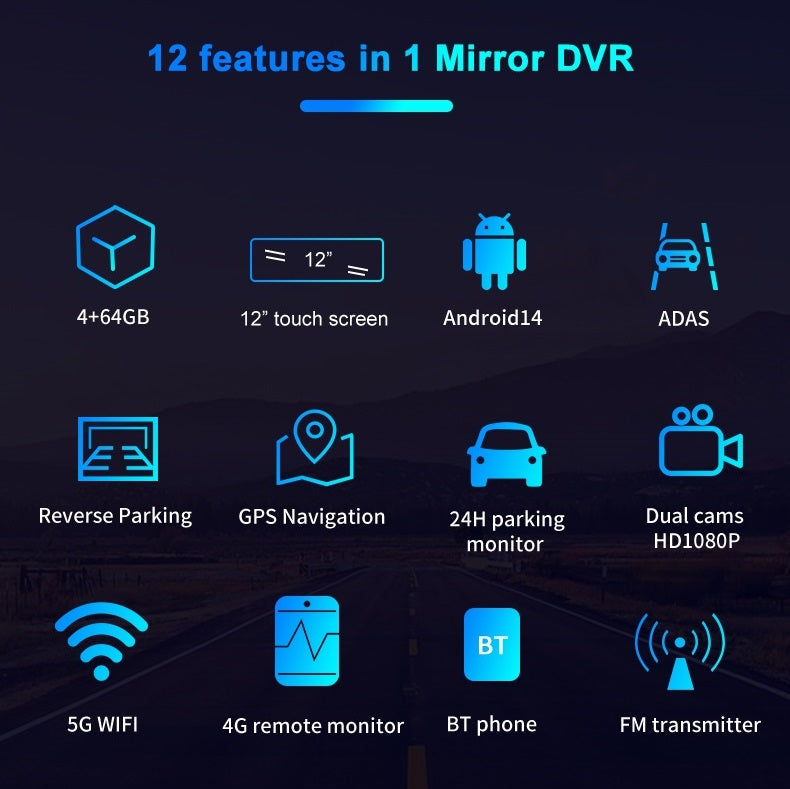 FOXDAK V8 64G ROM 12" 1080P 4G Rear View Mirror Cam GPS FM